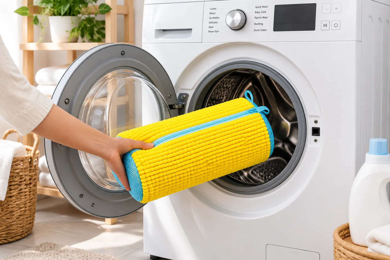 Shoe washing bag in a front-load washing machine