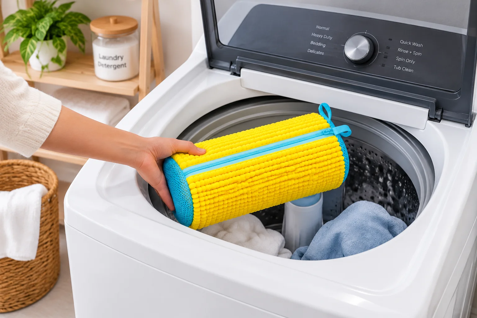 Shoe washing bag in a top-load washing machine