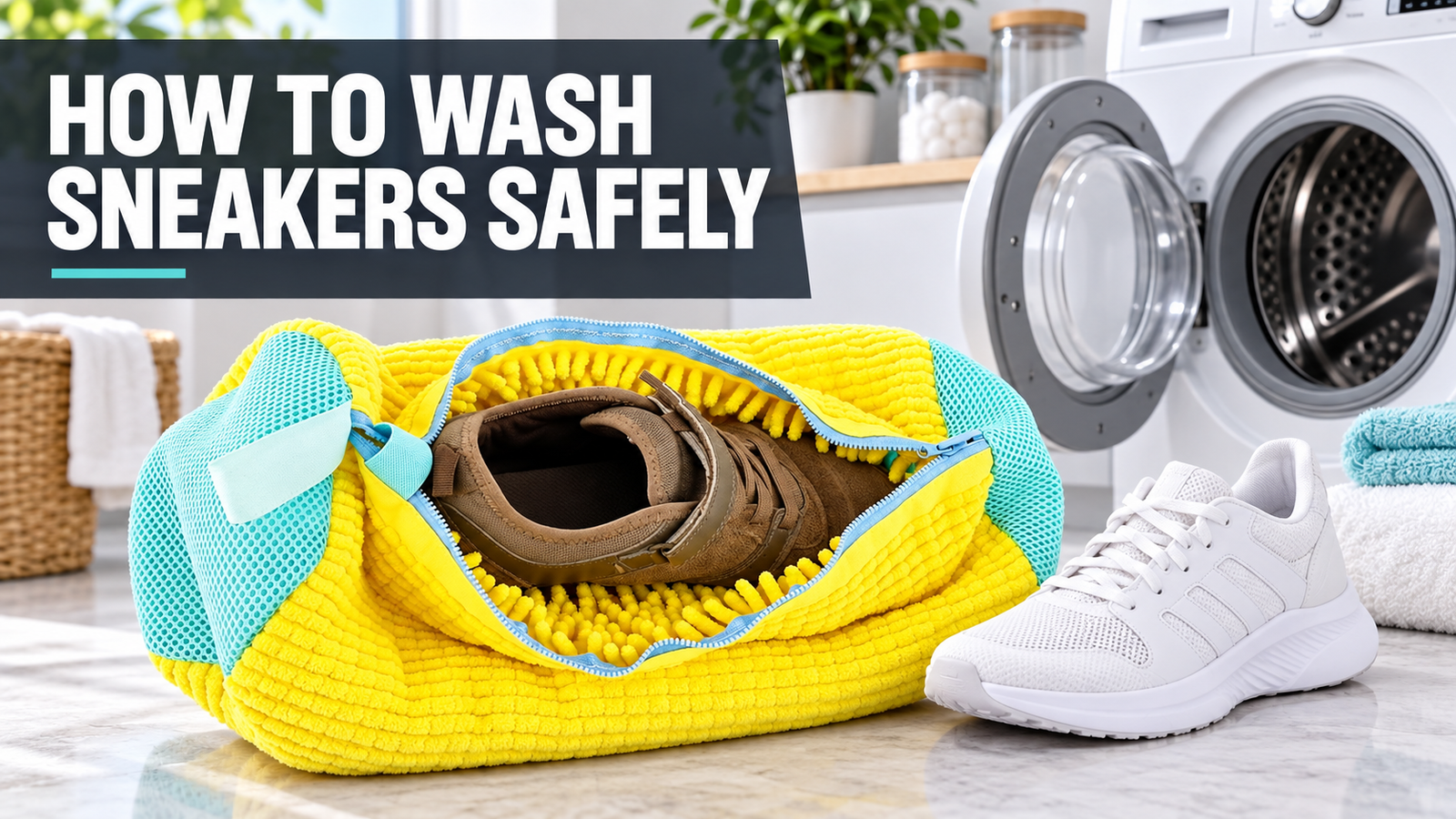 LunaXia yellow shoe wash bag beside sneakers and a washing machine