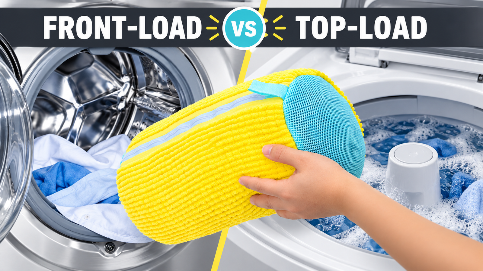 LunaXia yellow shoe wash bag between front-load and top-load washing machines