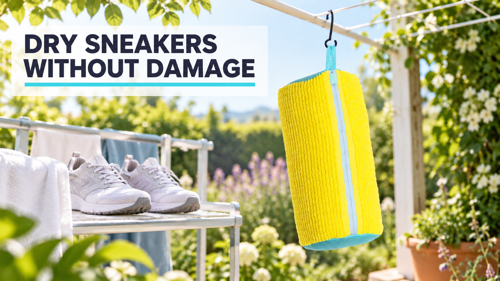 Clean sneakers air-drying beside a hanging LunaXia yellow shoe wash bag